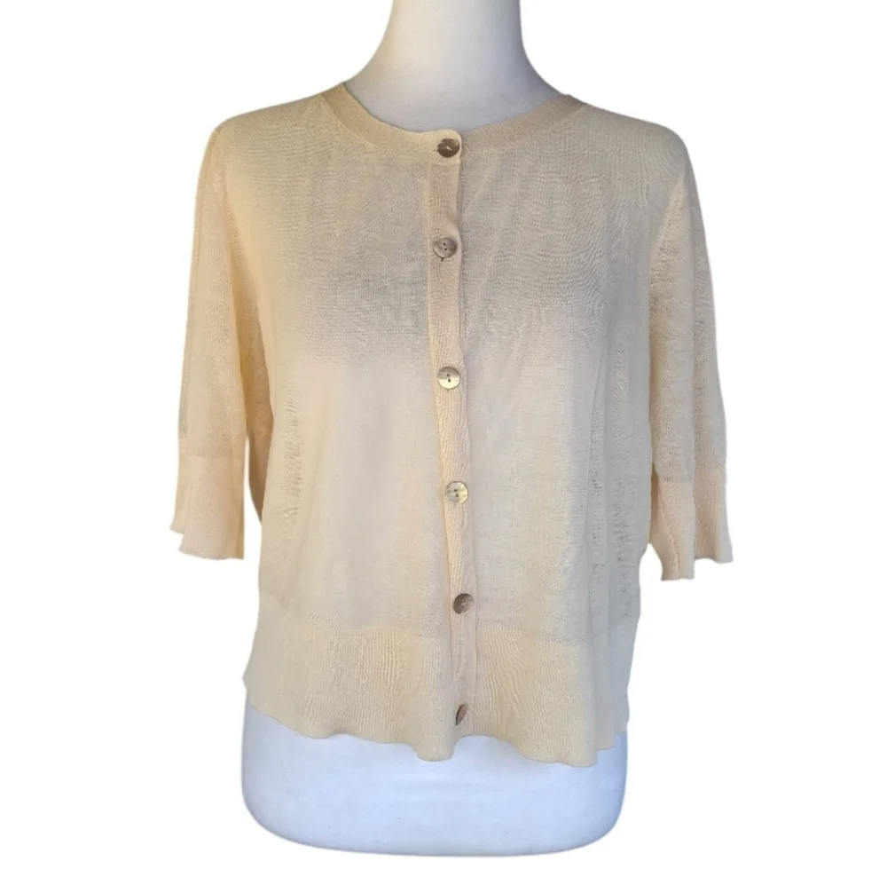 Eileen Fisher Italian Linen Blend Knit Light Peach Button Front Cardigan Medium